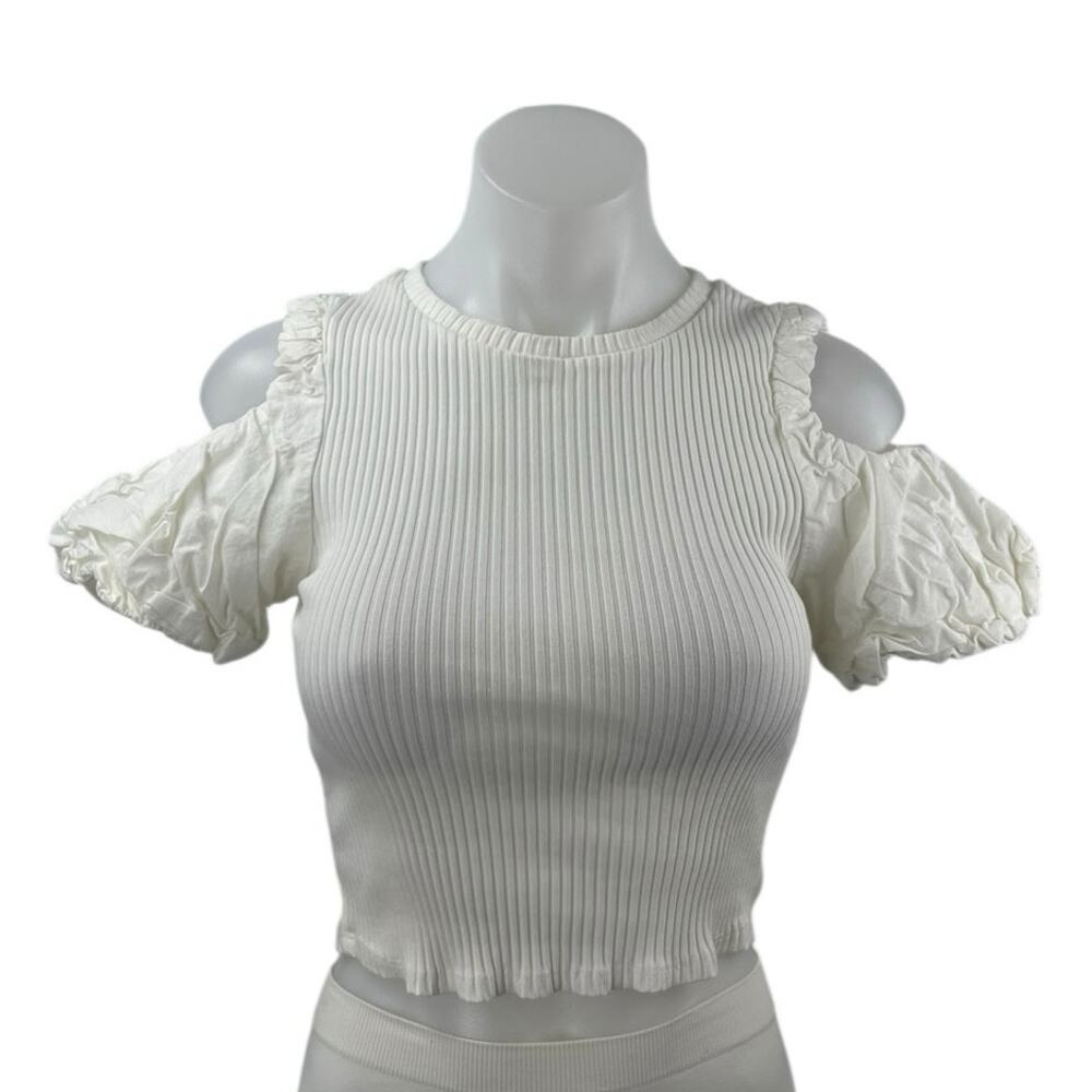Zara Women's White Cold Shoulder Short Sleeve Rib Knit Blouse Crop Top Size S